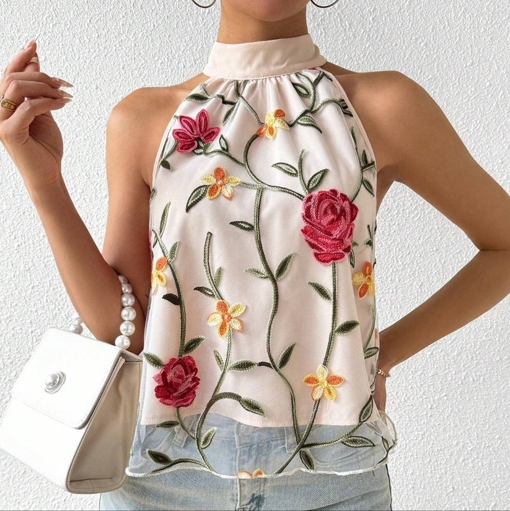 Floral Embroidered Mesh Halter Neck Blouse - Picture 1 of 4